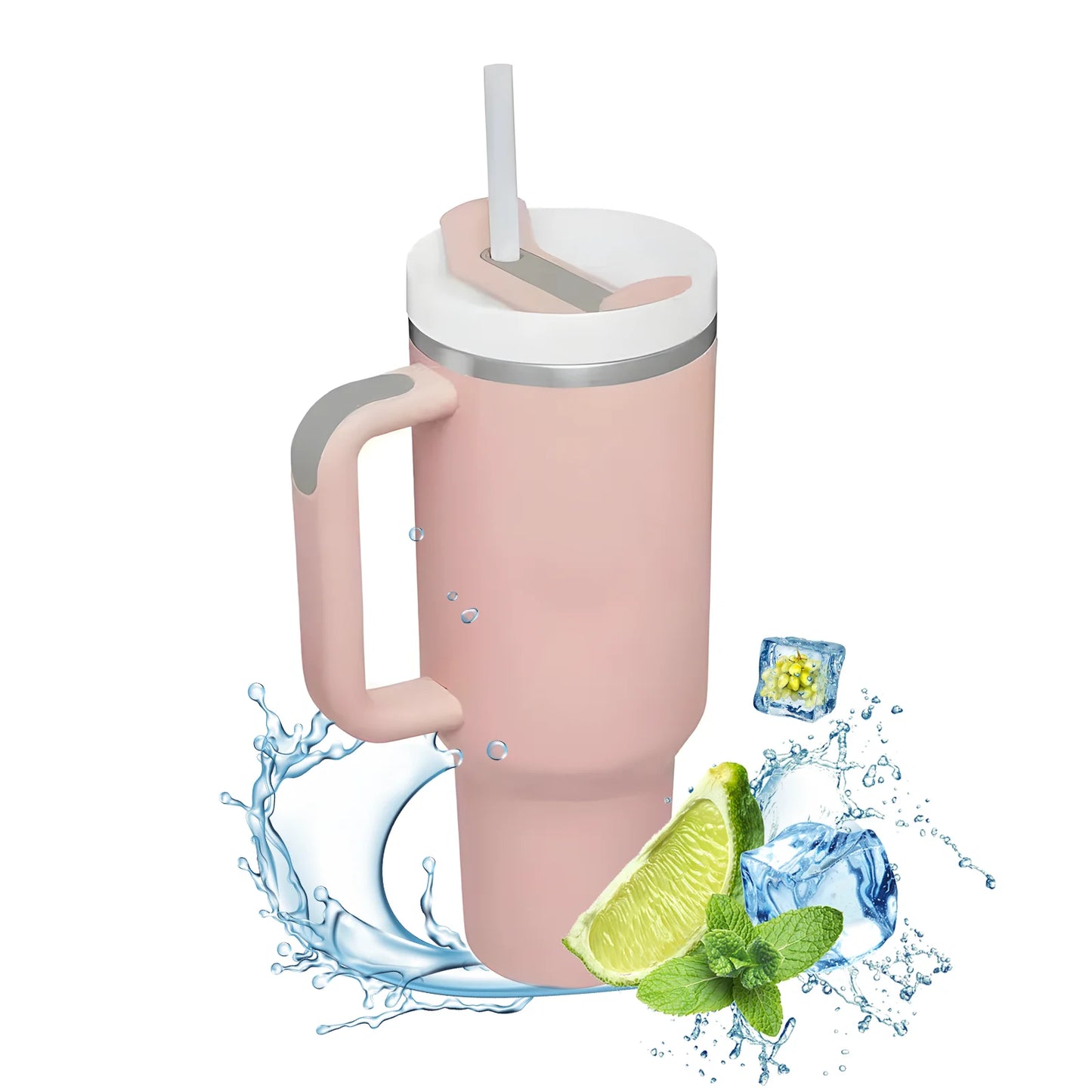 40oz stainless steel insulated tumbler with handle, featuring double-wall vacuum insulation to keep drinks hot or cold for hours. Includes a lid and straw, designed for on-the-go use and fits most car cup holders.