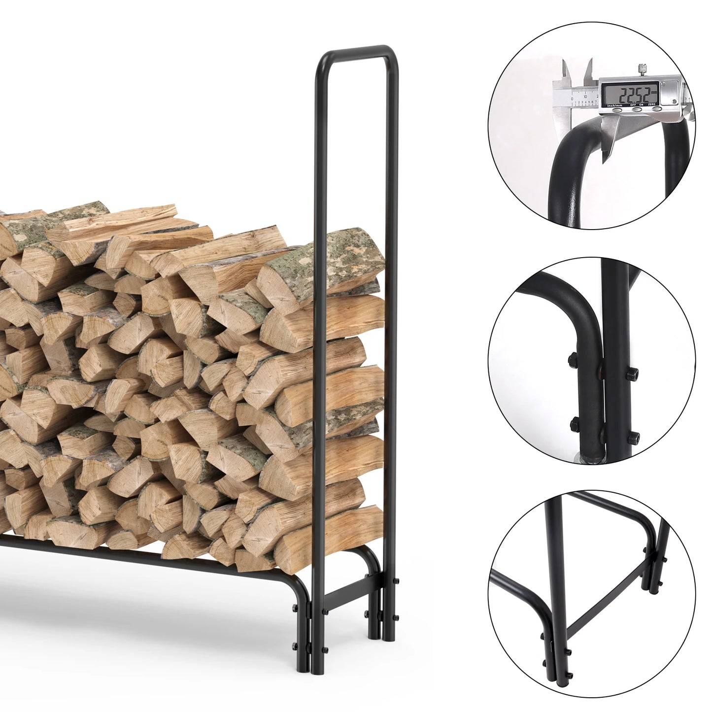 Sturdy metal firewood rack designed for indoor and outdoor use, neatly storing logs for easy access. Durable steel construction with a sleek black finish, perfect for keeping firewood organized and dry