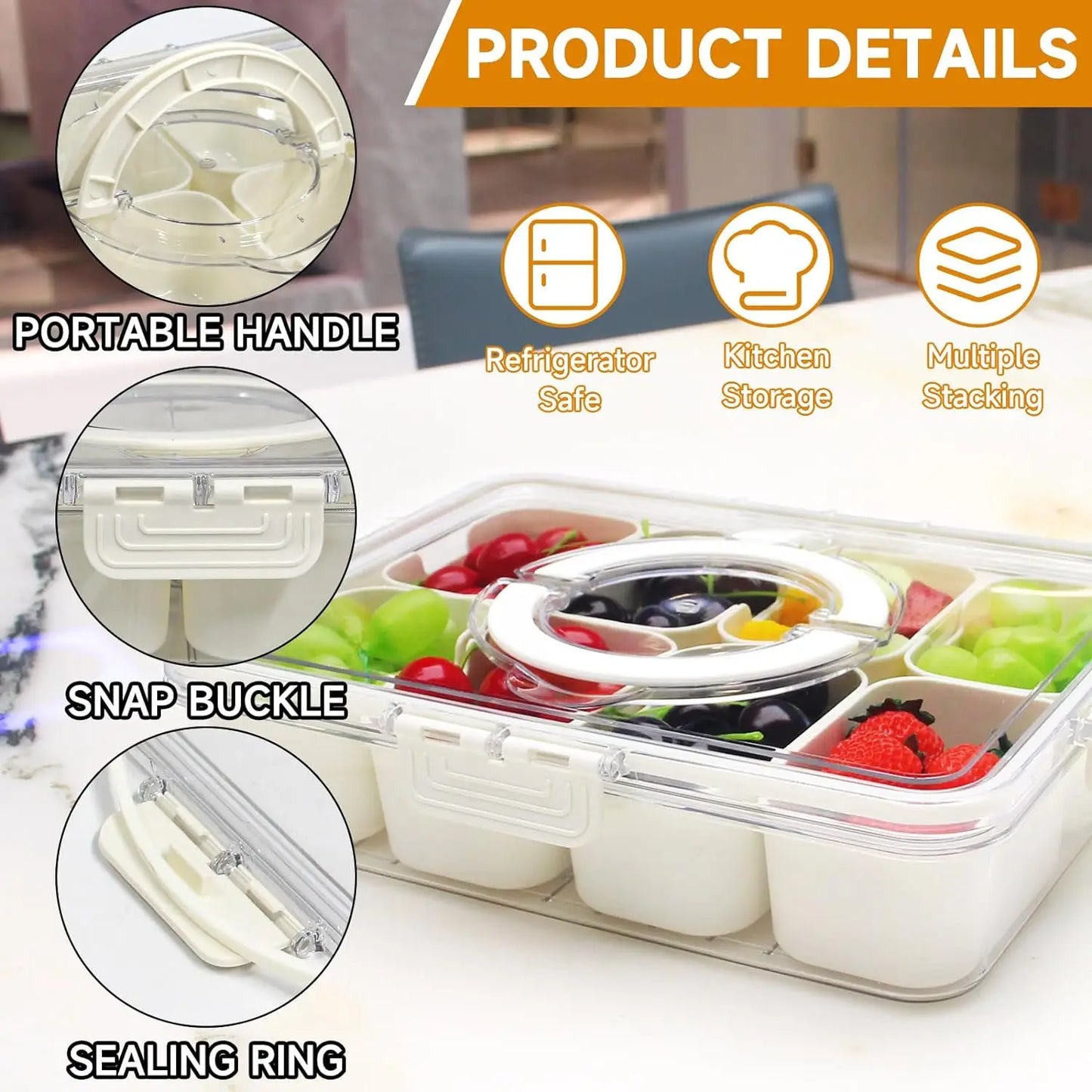 A divided serving tray storage box featuring multiple compartments, a secure lid, and a handle for easy portability; ideal for organizing and transporting snacks, fruits, nuts, or appetizers during events, picnics, or daily use