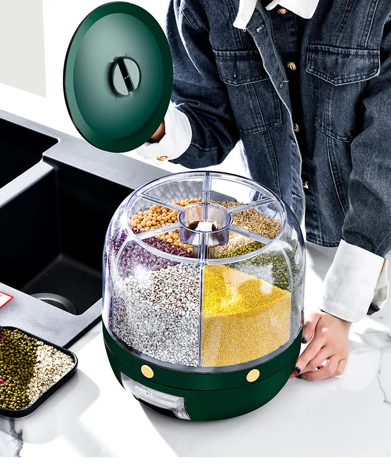 A 360-degree rotating rice dispenser featuring multiple compartments for organized storage of various grains. Its transparent design allows for easy monitoring of contents, while the rotating mechanism provides convenient access to each compartment, making it a practical addition to any kitchen.
