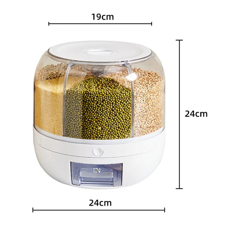 A 360-degree rotating rice dispenser featuring multiple compartments for organized storage of various grains. Its transparent design allows for easy monitoring of contents, while the rotating mechanism provides convenient access to each compartment, making it a practical addition to any kitchen.