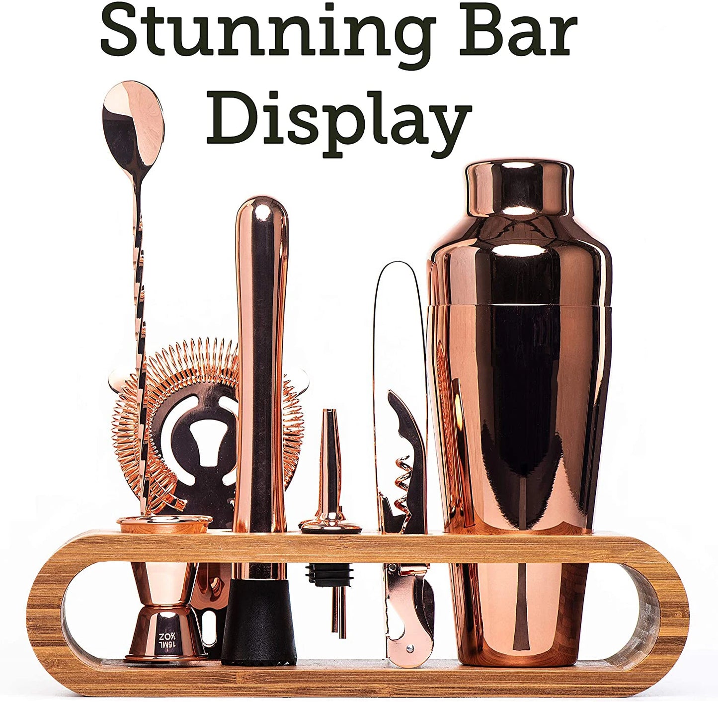 Complete cocktail bar set featuring essential tools like a shaker, jigger, strainer, muddler, and mixing spoon. Perfect for crafting professional-quality cocktails at home or in a bar.
