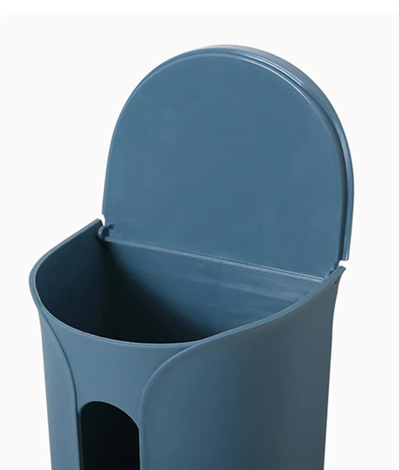 A wall-mounted plastic bag holder made of durable stainless steel with a sleek silver finish. Designed to neatly store and dispense plastic grocery bags, it features a top opening for easy insertion and a front slot for convenient retrieval, helping to keep your kitchen organized and clutter-free.