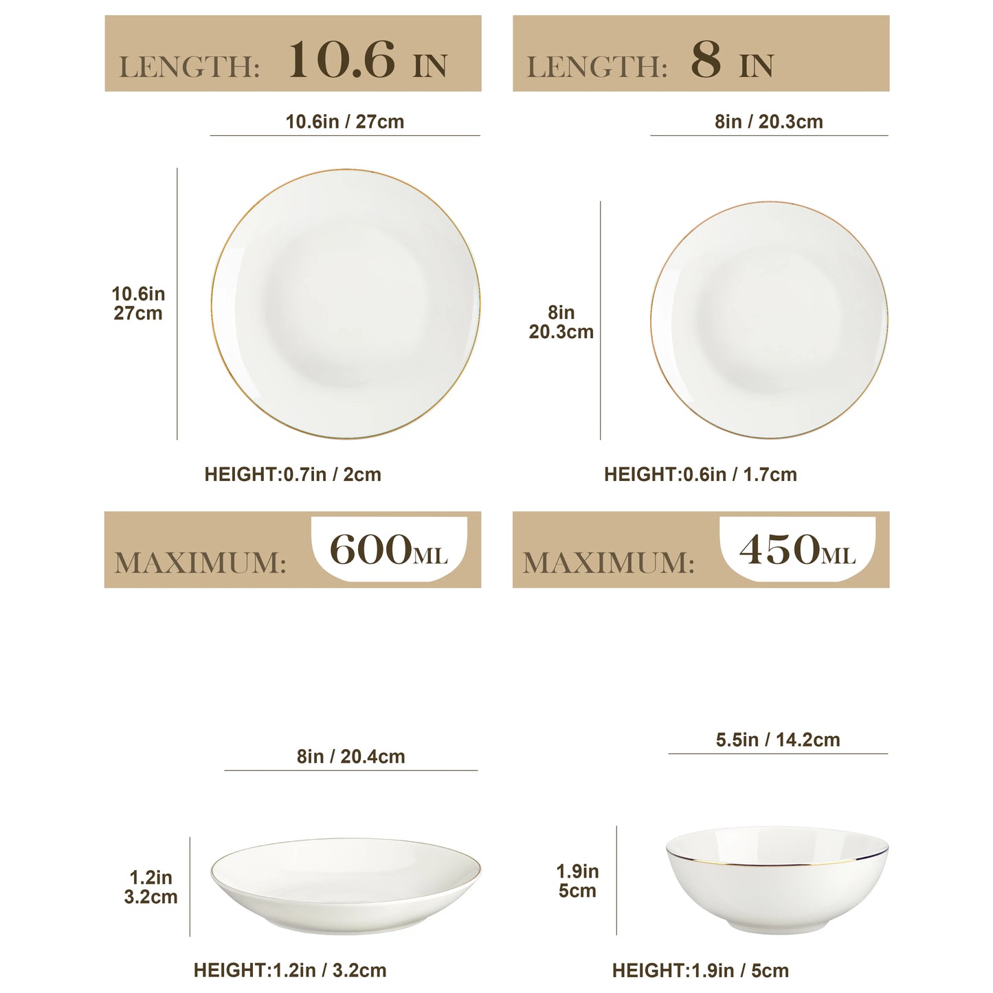 A complete dinnerware set including dinner plates, salad plates, bowls, and mugs, all featuring a sleek, modern design in a neutral color palette