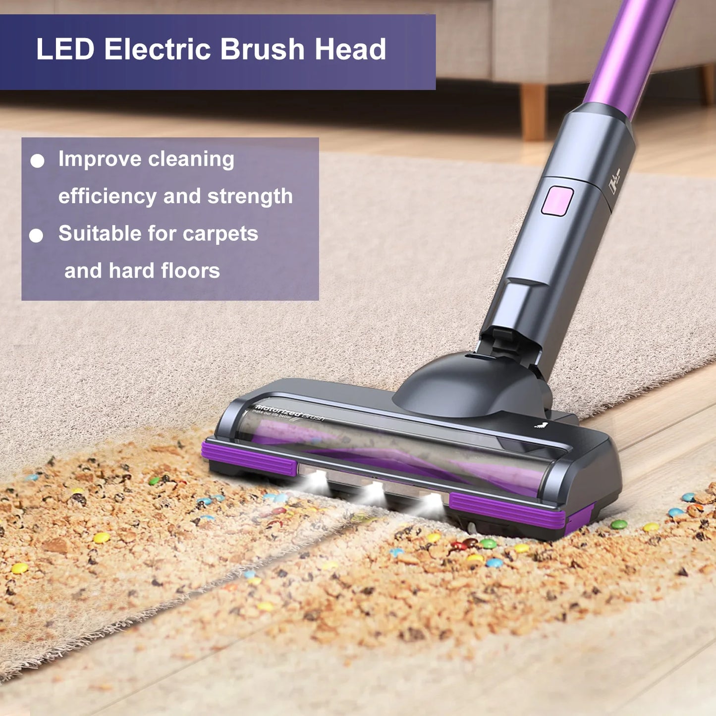 A high-efficiency vacuum cleaner designed for deep cleaning carpets and hard floors, featuring a HEPA filter and multiple suction settings