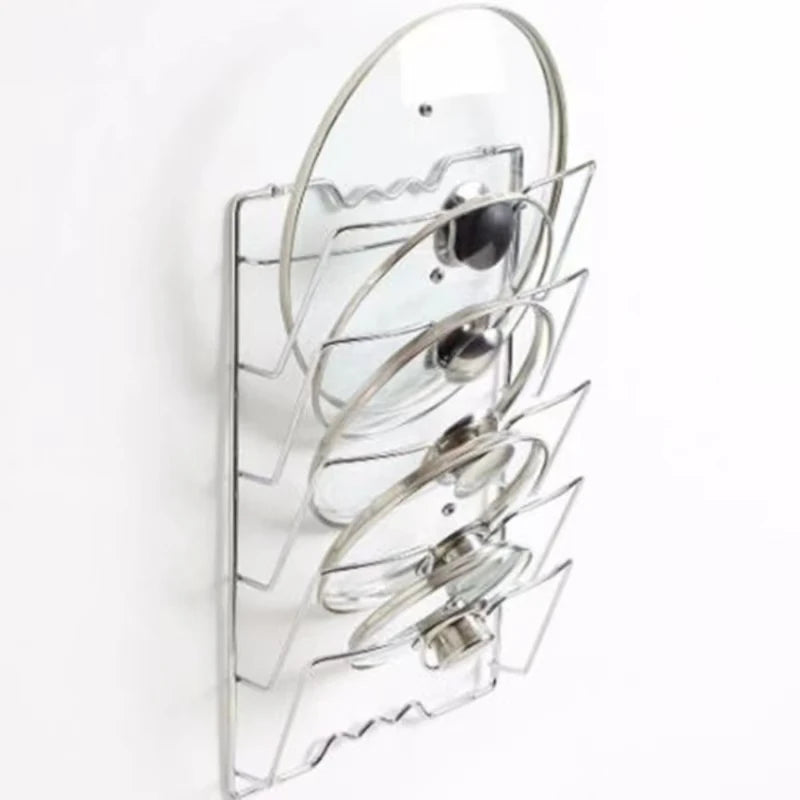 A hanging pot lid holder, designed to store pot lids efficiently by hanging them on a wall or inside a cabinet door, featuring adjustable dividers to accommodate various lid sizes, made from durable materials like metal or bamboo, and designed to save kitchen space while keeping lids organized