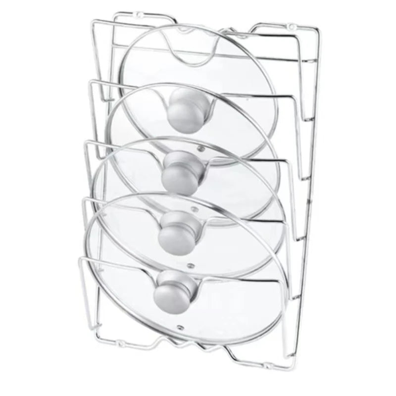 A hanging pot lid holder, designed to store pot lids efficiently by hanging them on a wall or inside a cabinet door, featuring adjustable dividers to accommodate various lid sizes, made from durable materials like metal or bamboo, and designed to save kitchen space while keeping lids organized