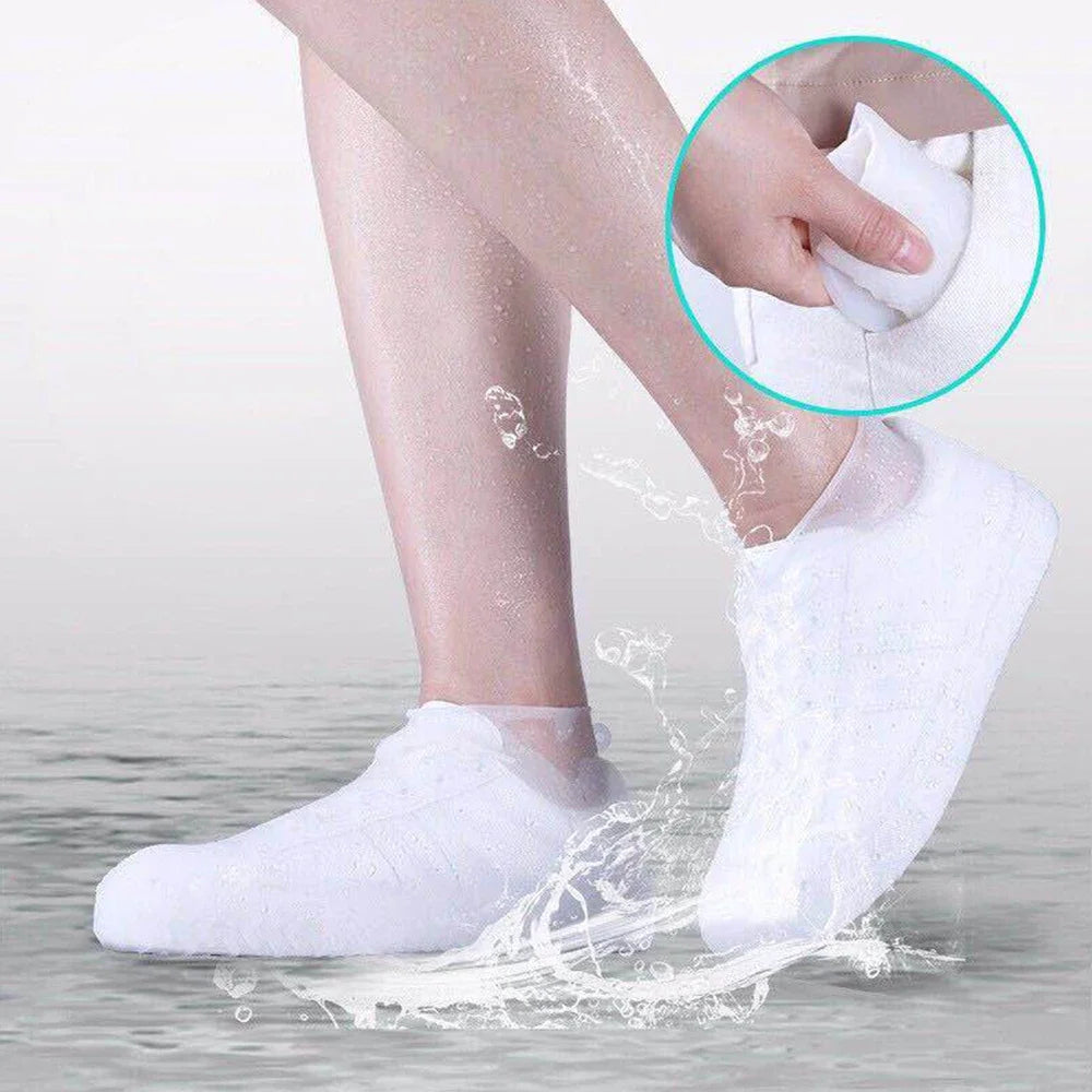 Reusable waterproof shoe covers made from durable, flexible silicone, designed to fit over various shoe sizes; feature non-slip soles for enhanced safety; easy to clean and store; ideal for protecting shoes from water, mud, and debris during outdoor activities