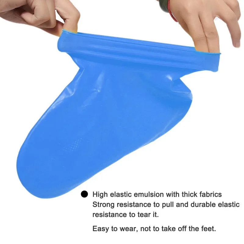 Reusable waterproof shoe covers made from durable, flexible silicone, designed to fit over various shoe sizes; feature non-slip soles for enhanced safety; easy to clean and store; ideal for protecting shoes from water, mud, and debris during outdoor activities