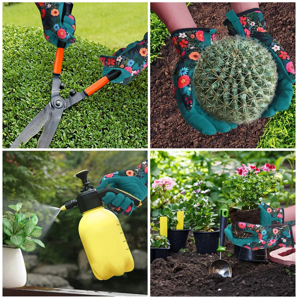 A pair of women's gardening gloves made from durable, breathable fabric, featuring reinforced palms and fingertips for added protection, and an adjustable wrist strap to ensure a secure fit during various gardening tasks
