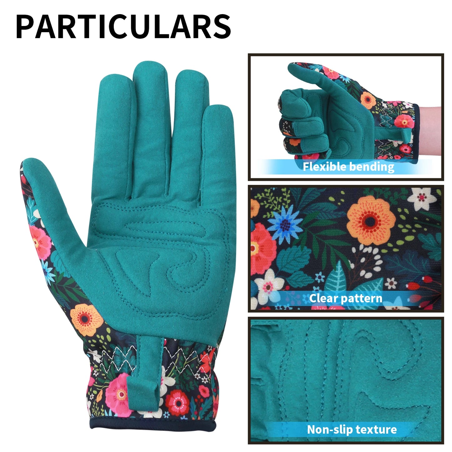 A pair of women's gardening gloves made from durable, breathable fabric, featuring reinforced palms and fingertips for added protection, and an adjustable wrist strap to ensure a secure fit during various gardening tasks