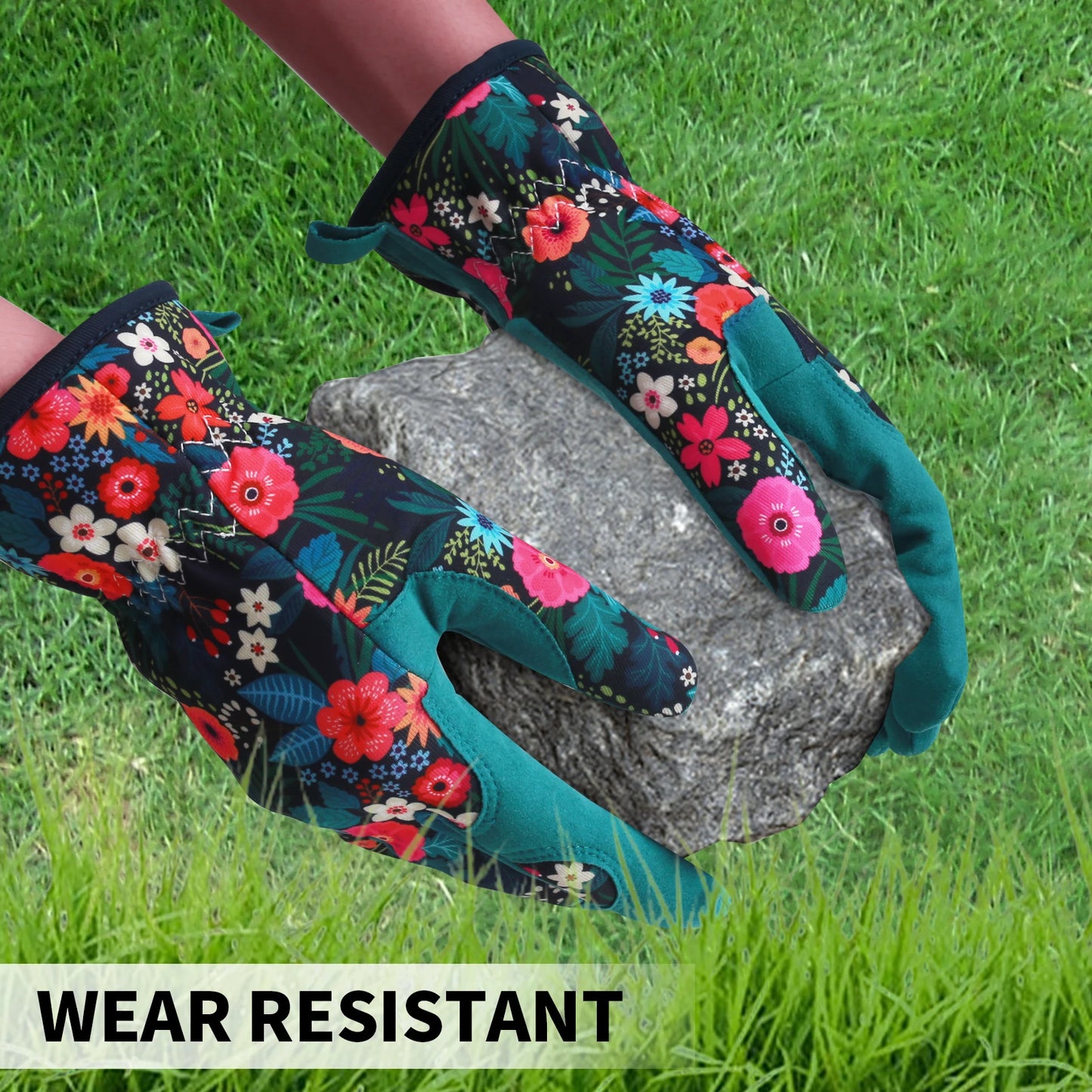A pair of women's gardening gloves made from durable, breathable fabric, featuring reinforced palms and fingertips for added protection, and an adjustable wrist strap to ensure a secure fit during various gardening tasks
