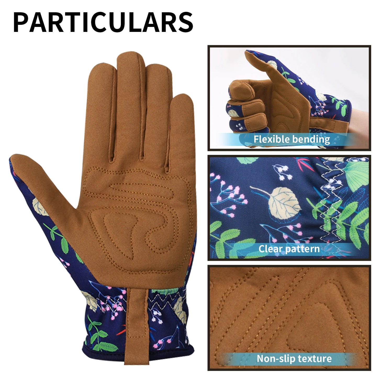 A pair of women's gardening gloves made from durable, breathable fabric, featuring reinforced palms and fingertips for added protection, and an adjustable wrist strap to ensure a secure fit during various gardening tasks