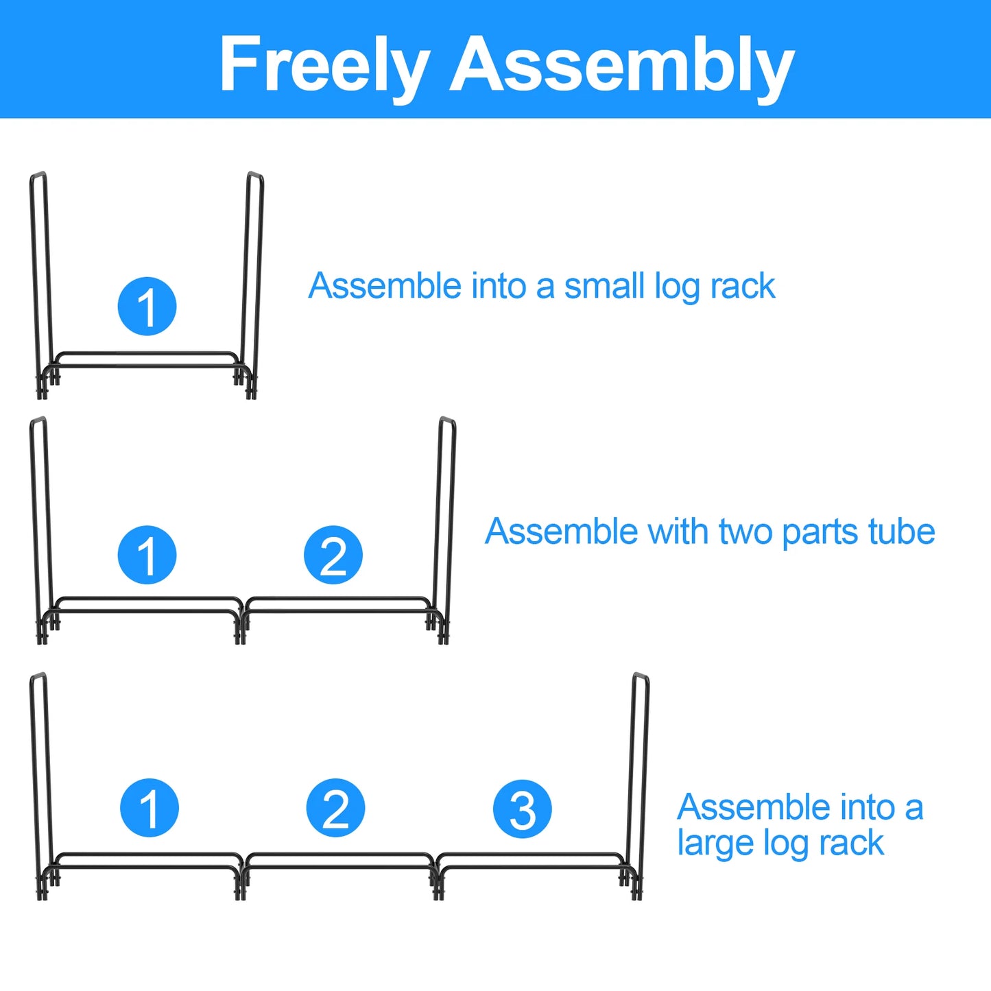 Sturdy metal firewood rack designed for indoor and outdoor use, neatly storing logs for easy access. Durable steel construction with a sleek black finish, perfect for keeping firewood organized and dry