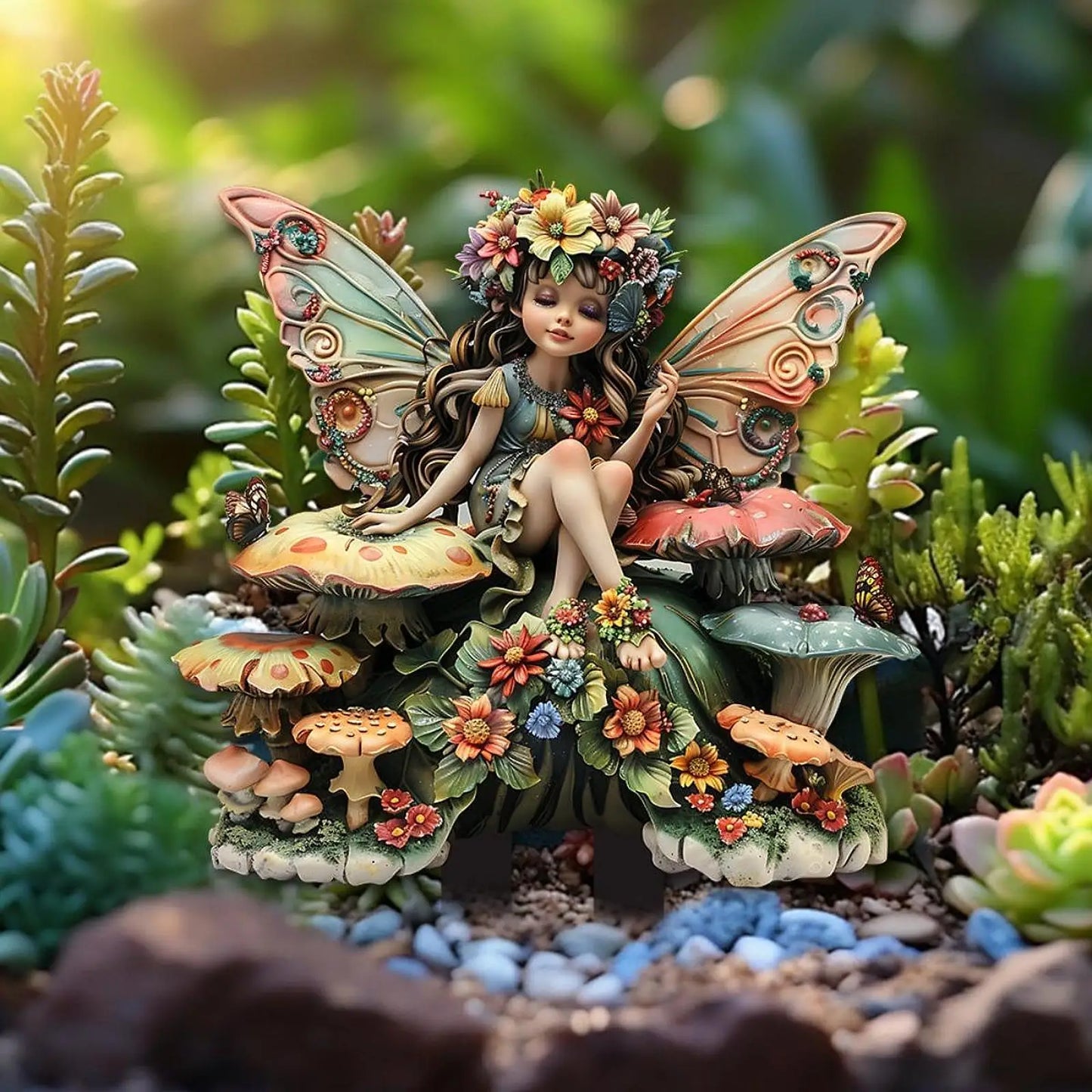 A delicate fairy figurine crafted from high-quality resin, featuring intricate detailing and a hand-painted finish. The figurine depicts a graceful fairy with translucent wings, poised elegantly on a floral base, adding a touch of enchantment to any space.