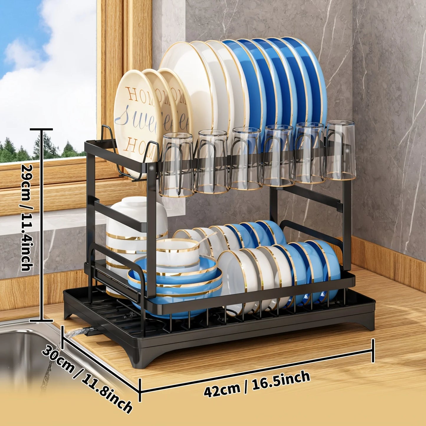 2-Tier Dish Drying Rack Set with Drainboard and Utensil Holder for Kitchen Countertop