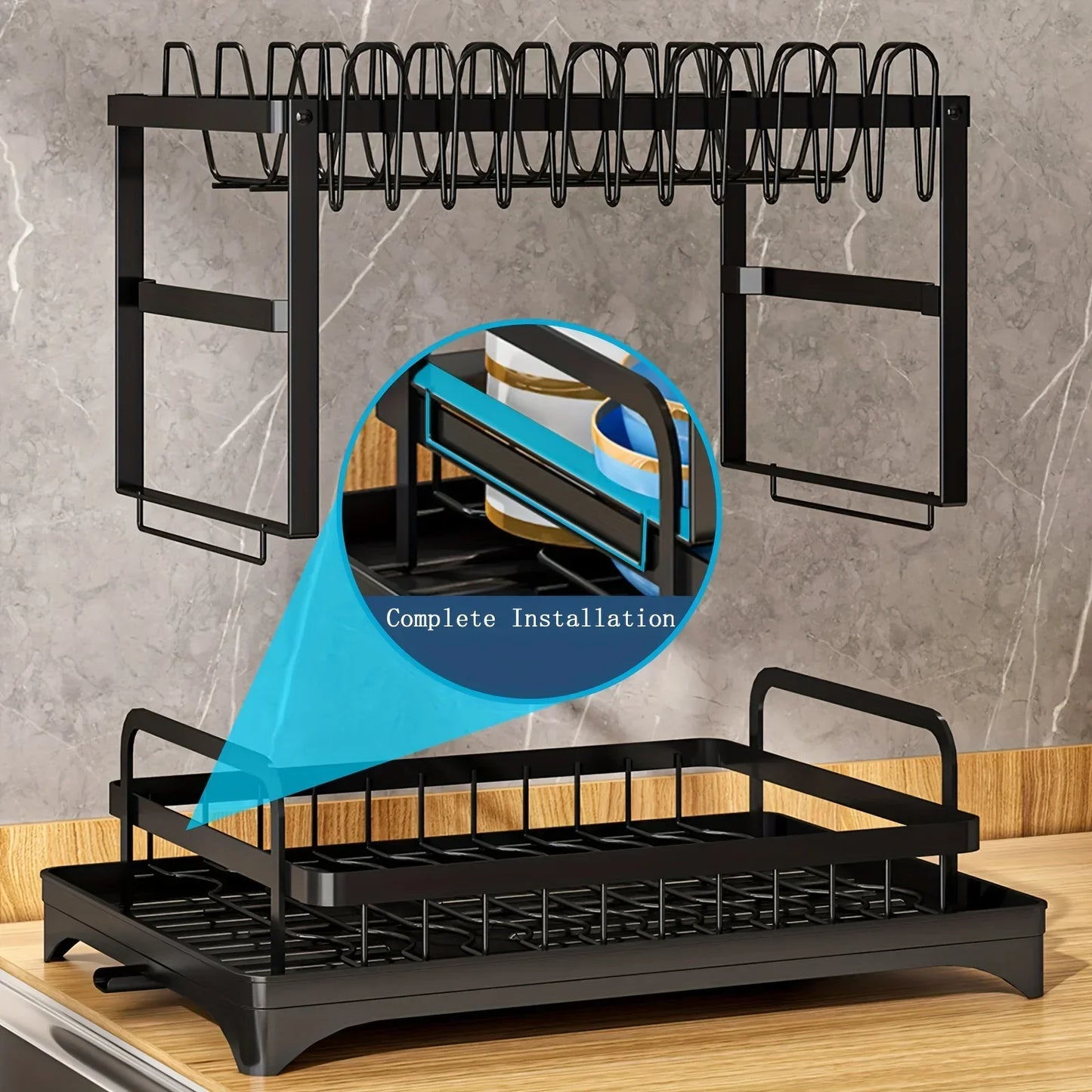 2-Tier Dish Drying Rack Set with Drainboard and Utensil Holder for Kitchen Countertop