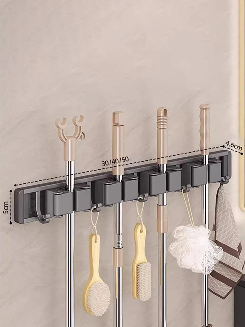 Wall-Mounted Mop and Broom Organizer with 5 Hooks - Sturdy Mop Holder Rack for Efficient Storage