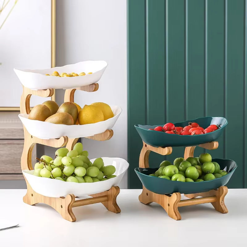 Three-Tier Wooden Serving Tray with Partitioned Sections for Fruits, Snacks, and Desserts