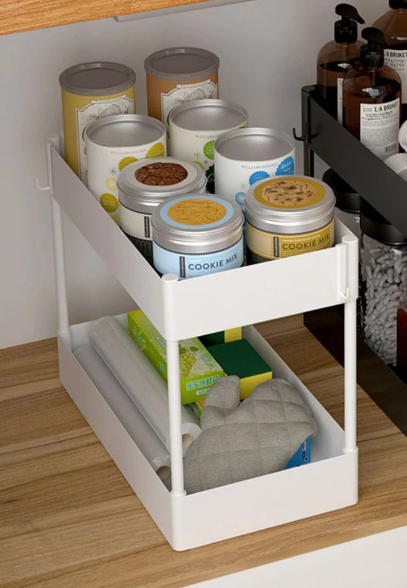 "2-Tier Under-Sink Sliding Cabinet Organizer with Hooks - Versatile Storage Rack for Bathroom and Kitchen"