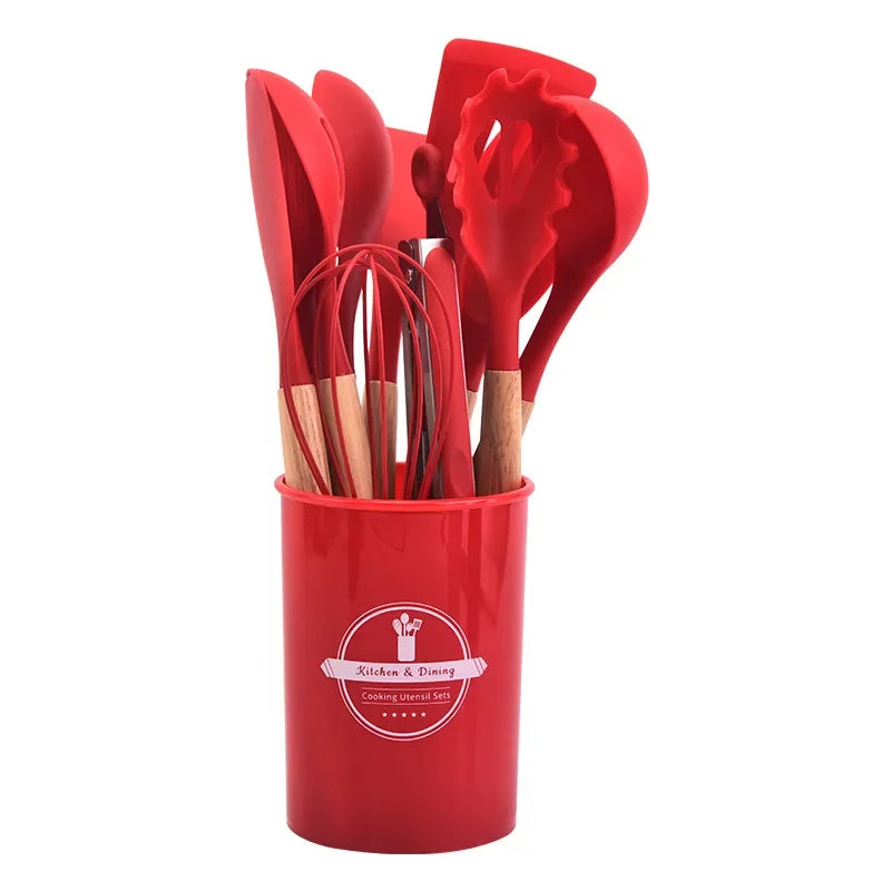 12-Piece Silicone Kitchen Utensil Set with Wooden Handles and Storage Bucket - Non-Stick Cookware Essentials