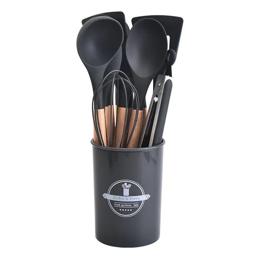 12-Piece Silicone Kitchen Utensil Set with Wooden Handles and Storage Bucket - Non-Stick Cookware Essentials