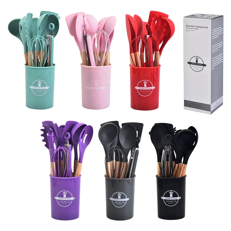 12-Piece Silicone Kitchen Utensil Set with Wooden Handles and Storage Bucket - Non-Stick Cookware Essentials