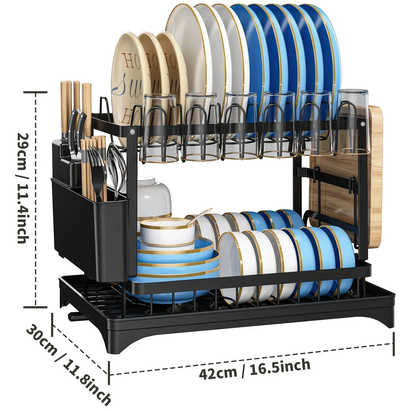 2-Tier Dish Drying Rack Set with Drainboard and Utensil Holder for Kitchen Countertop