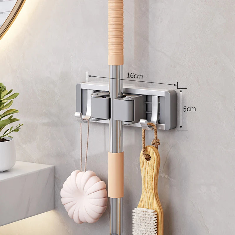 Wall-Mounted Mop and Broom Organizer with 5 Hooks - Sturdy Mop Holder Rack for Efficient Storage