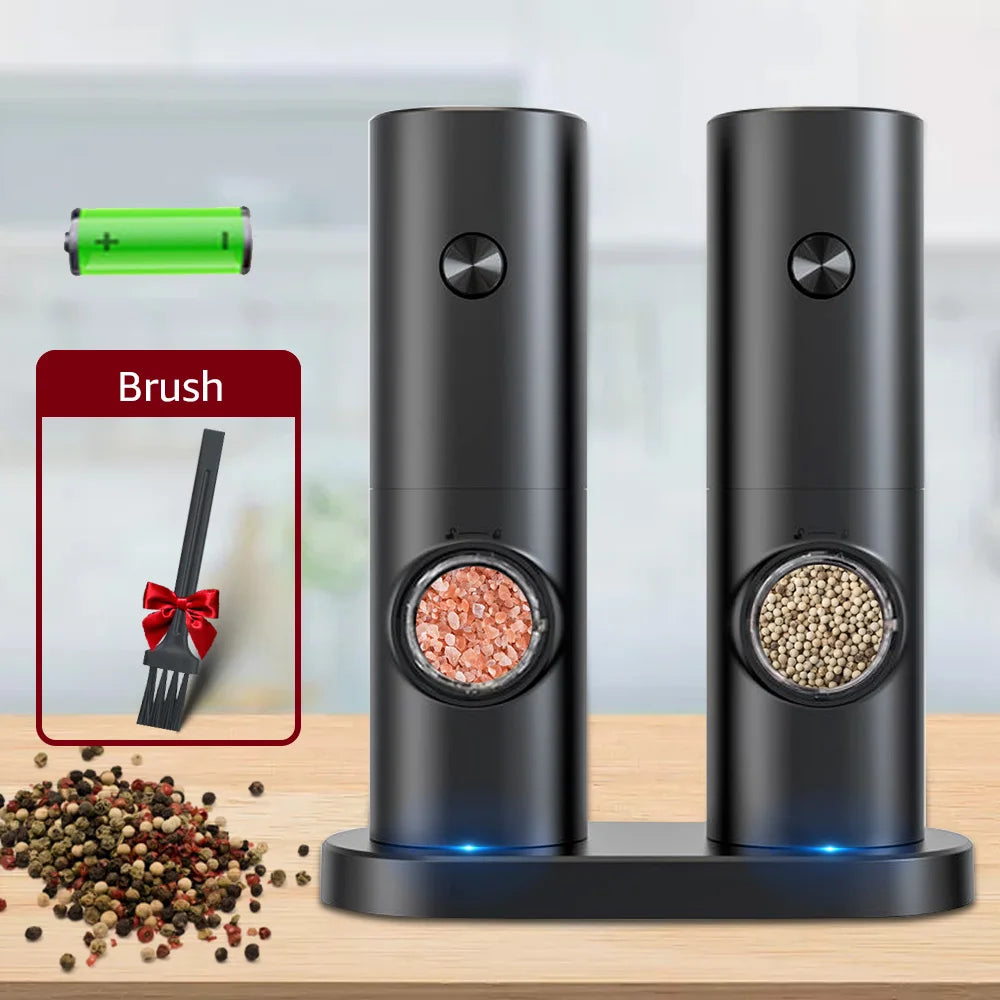 Electric Automatic Pepper and Salt Grinder Set with Base, Battery-Powered, LED Light, and Adjustable Coarseness - Kitchen Essential