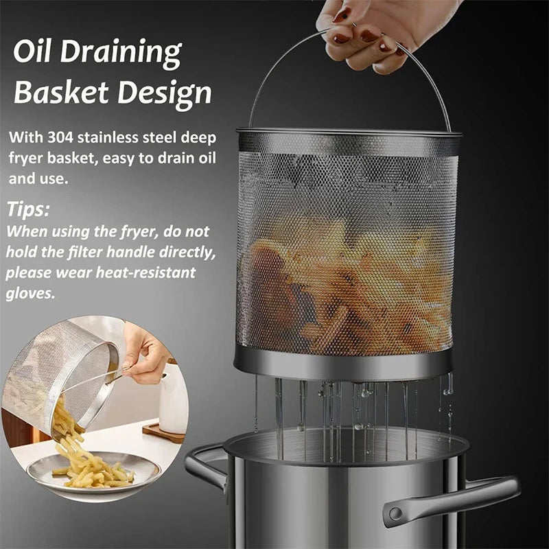 3L Stainless Steel Deep Fryer Pot with Mesh Steamer Basket, Lid, and Tongs - Japanese Tempura Fryer JT230