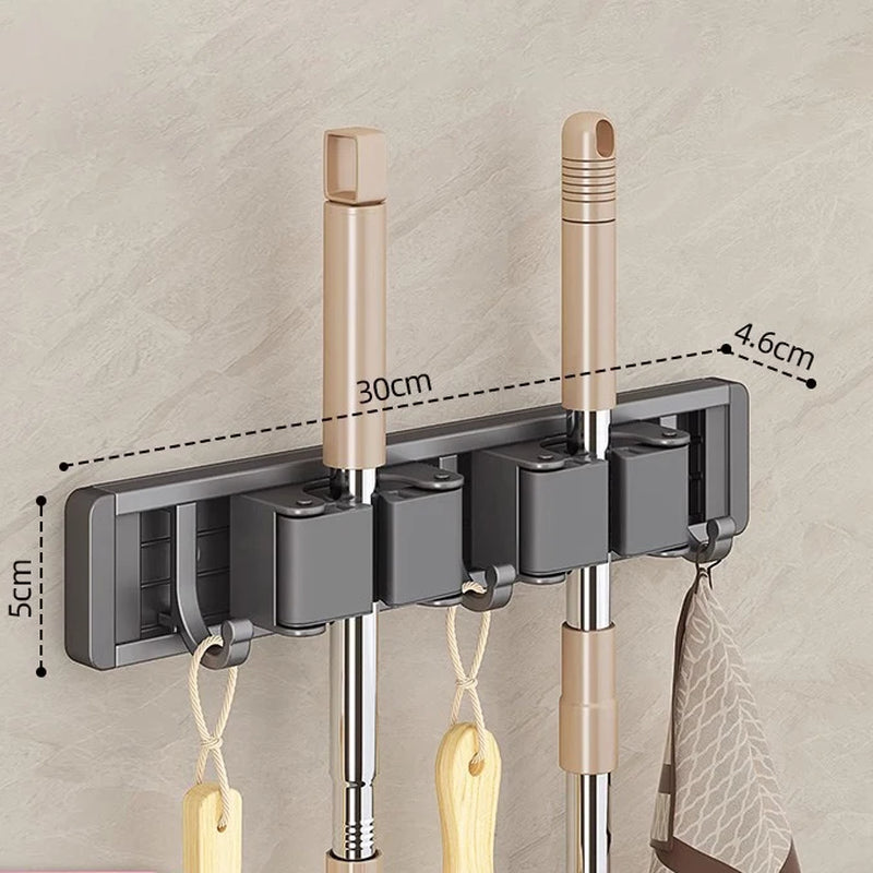 Wall-Mounted Mop and Broom Organizer with 5 Hooks - Sturdy Mop Holder Rack for Efficient Storage