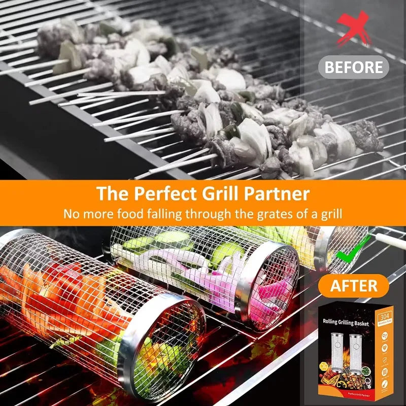 Stainless Steel Round Barbecue Grill Basket for Outdoor Cooking and Camping