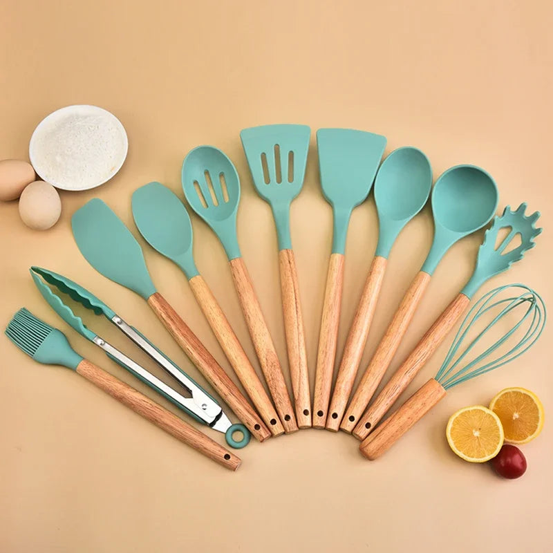 12-Piece Silicone Kitchen Utensil Set with Wooden Handles and Storage Bucket - Non-Stick Cookware Essentials