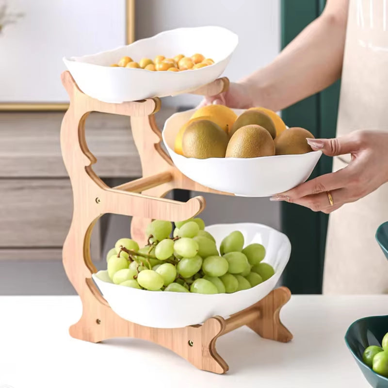 Three-Tier Wooden Serving Tray with Partitioned Sections for Fruits, Snacks, and Desserts