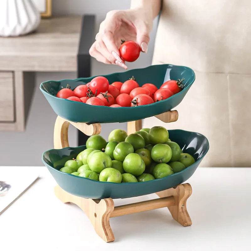 Three-Tier Wooden Serving Tray with Partitioned Sections for Fruits, Snacks, and Desserts