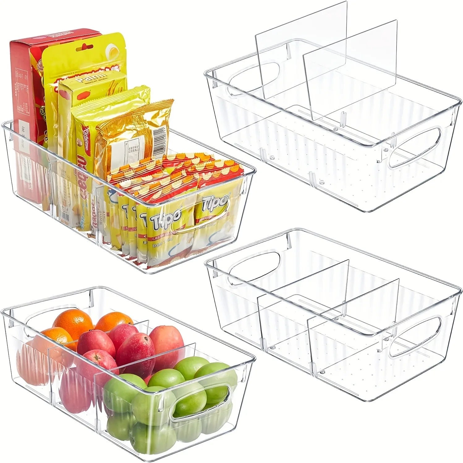 Clear Plastic Refrigerator Organizer Bin with Divider for Food Storage - Versatile Fridge, Freezer, and Pantry Organizer