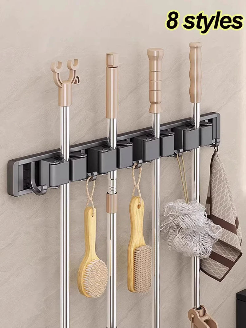 Wall-Mounted Mop and Broom Organizer with 5 Hooks - Sturdy Mop Holder Rack for Efficient Storage