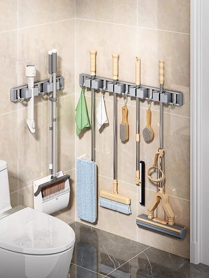 Wall-Mounted Mop and Broom Organizer with 5 Hooks - Sturdy Mop Holder Rack for Efficient Storage