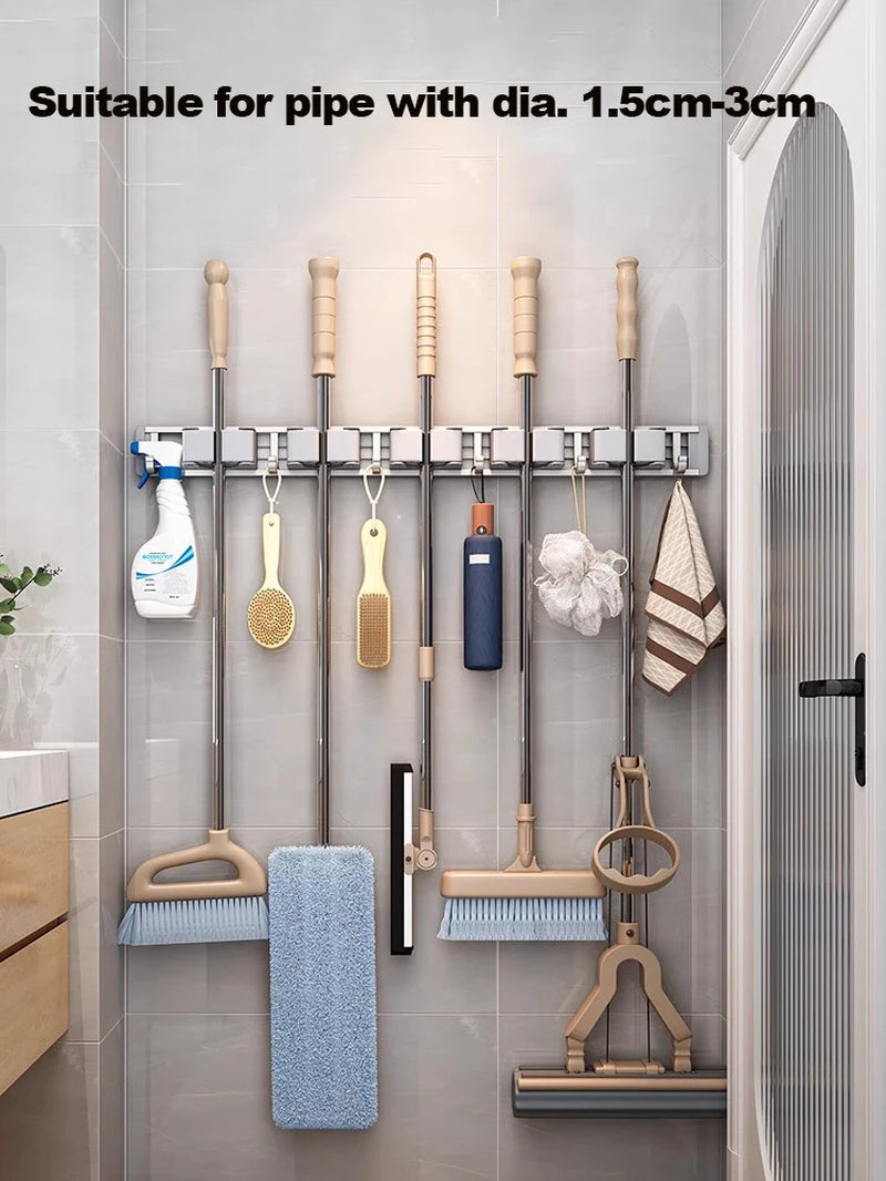 Wall-Mounted Mop and Broom Organizer with 5 Hooks - Sturdy Mop Holder Rack for Efficient Storage