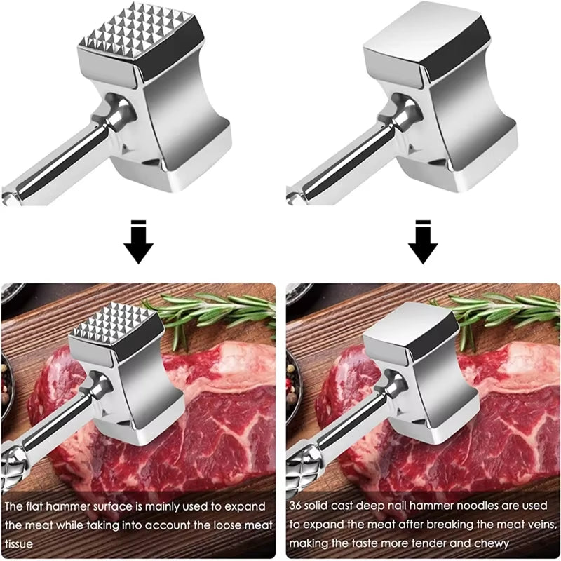 Stainless Steel Dual-Sided Meat Tenderizer and Pounder for Kitchen and Barbecue Use