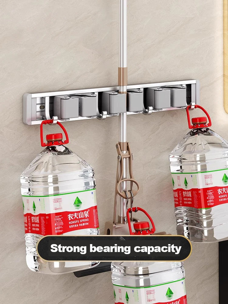 Wall-Mounted Mop and Broom Organizer with 5 Hooks - Sturdy Mop Holder Rack for Efficient Storage