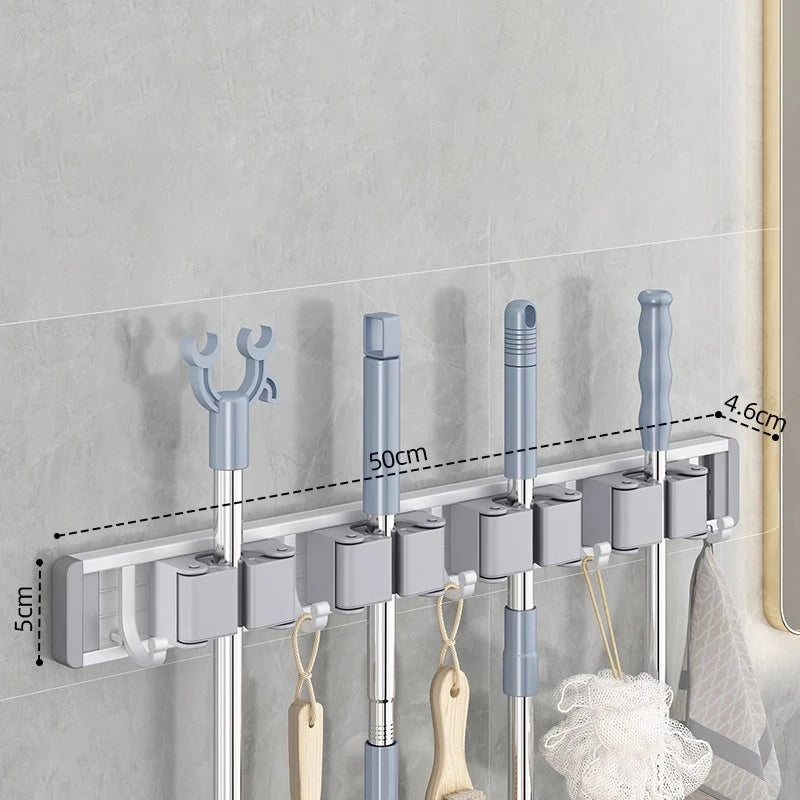 Wall-Mounted Mop and Broom Organizer with 5 Hooks - Sturdy Mop Holder Rack for Efficient Storage