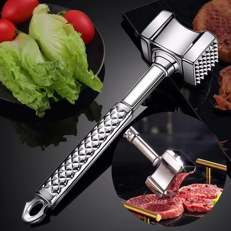 Stainless Steel Dual-Sided Meat Tenderizer and Pounder for Kitchen and Barbecue Use