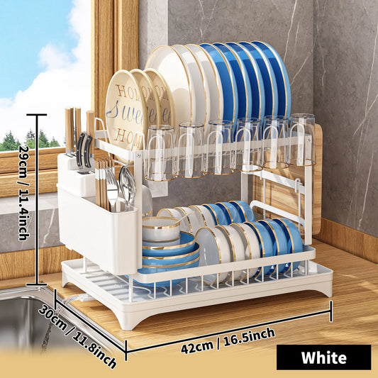 2-Tier Dish Drying Rack Set with Drainboard and Utensil Holder for Kitchen Countertop