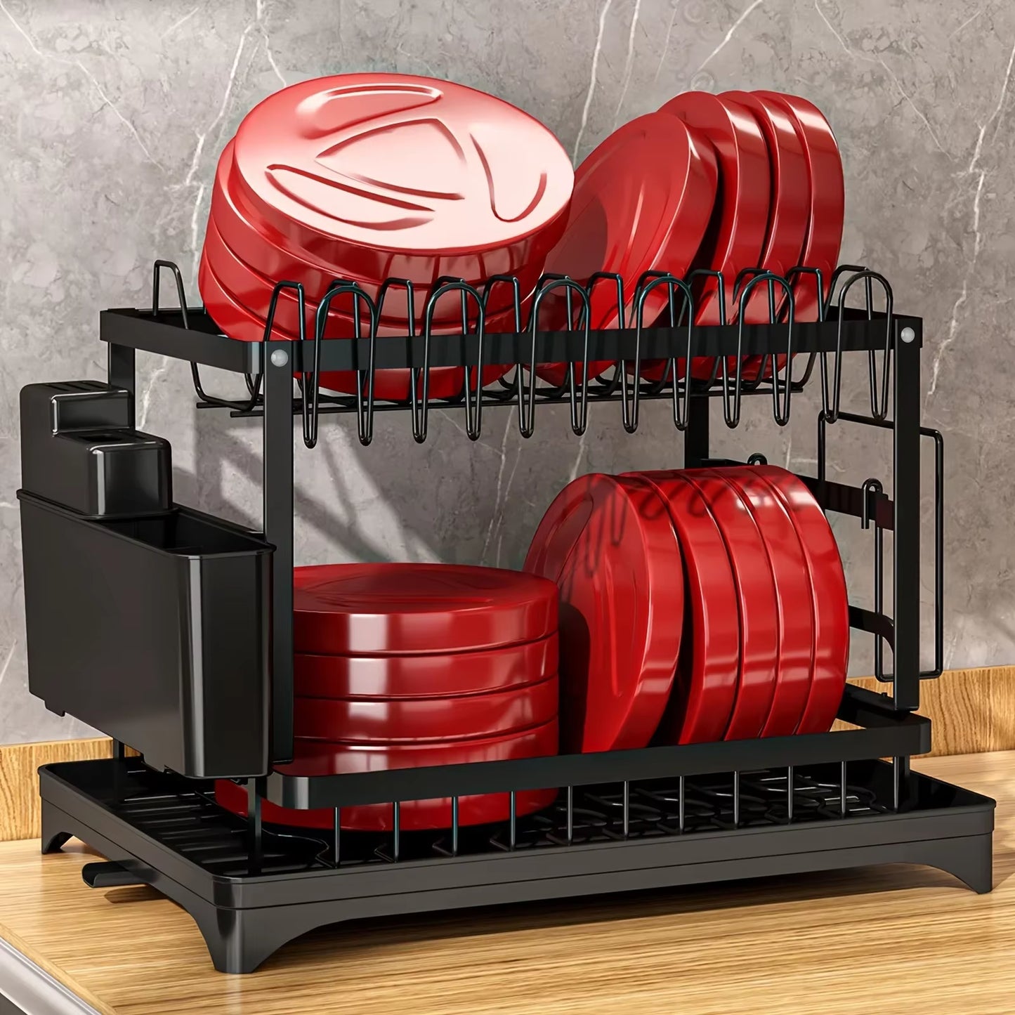 2-Tier Dish Drying Rack Set with Drainboard and Utensil Holder for Kitchen Countertop