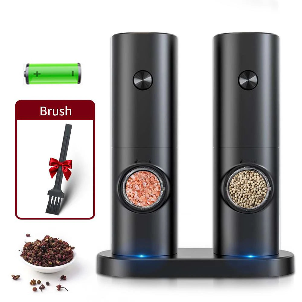 Electric Automatic Pepper and Salt Grinder Set with Base, Battery-Powered, LED Light, and Adjustable Coarseness - Kitchen Essential