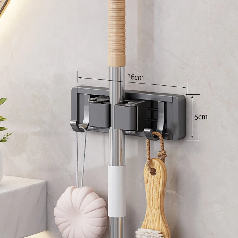 Wall-Mounted Mop and Broom Organizer with 5 Hooks - Sturdy Mop Holder Rack for Efficient Storage