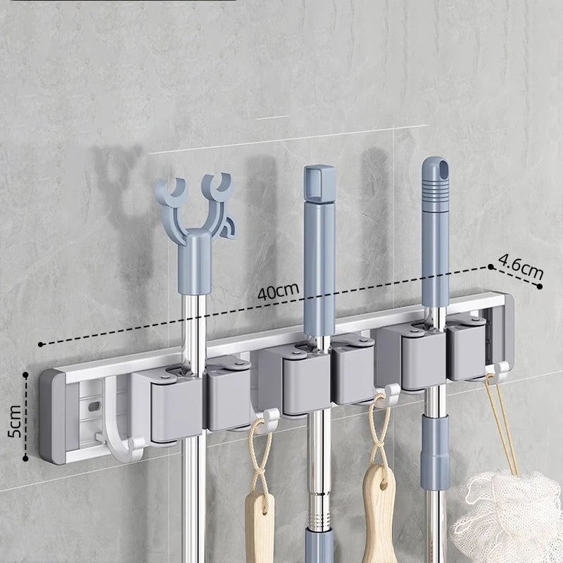 Wall-Mounted Mop and Broom Organizer with 5 Hooks - Sturdy Mop Holder Rack for Efficient Storage