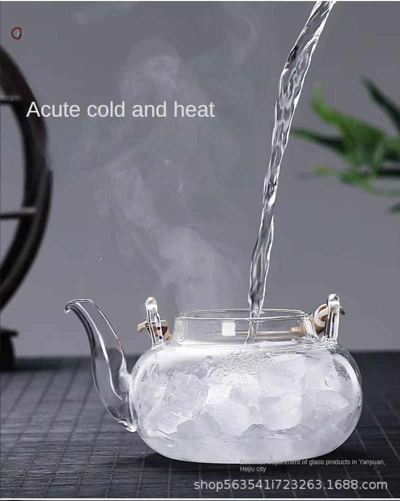 Bamboo Handle Glass Teapot Set with Filter - Heat Resistant Brewing Kettle for Pu Erh Tea